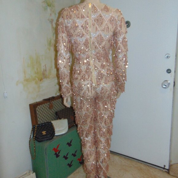 Pretty Little Thing Sequin Jumpsuit Champagne Mesh V-Neck sz 2 New Years - Picture 7 of 11